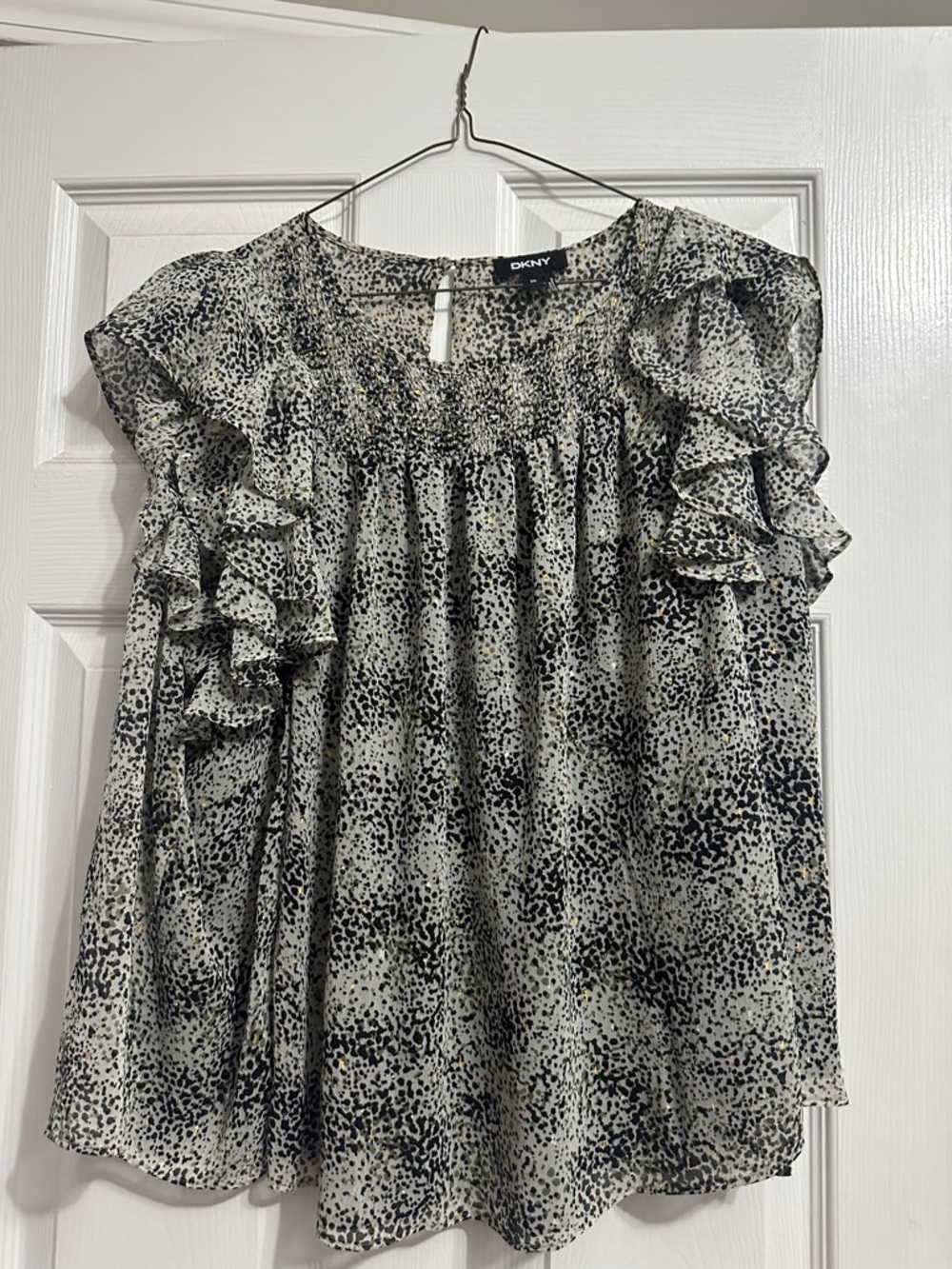 DKNY Black and White Ruffle Sleeve Printed Blouse